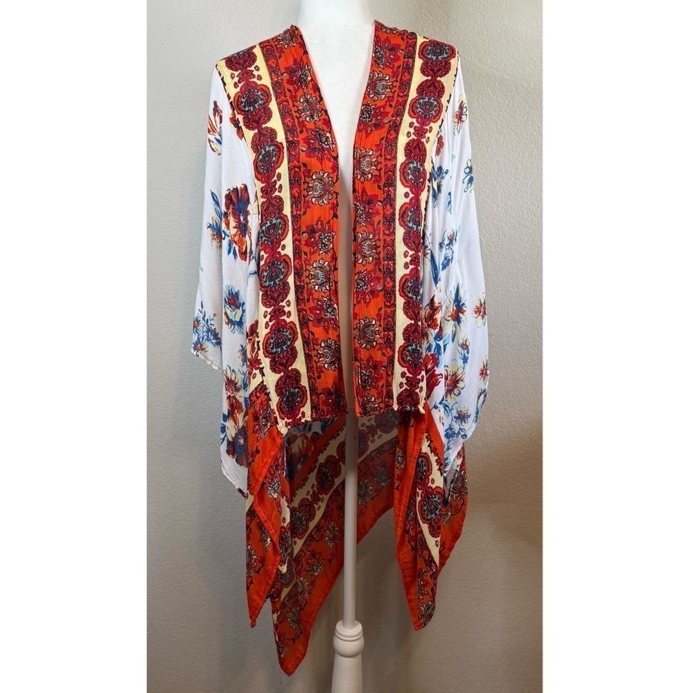 Boho Floral Blue Orange White Open Front Kimono Wrap Cover Up Lightweight
